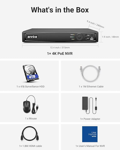 ANNKE 16 Channel NVR for Security Camera, 5-in-1 16CH 12MP Network Video Recorder with 4TB Hard Drive Disk, Supports 12MP/8MP/6MP/5MP/4MP PoE IP Cameras, 24/7 Surveillance Recording