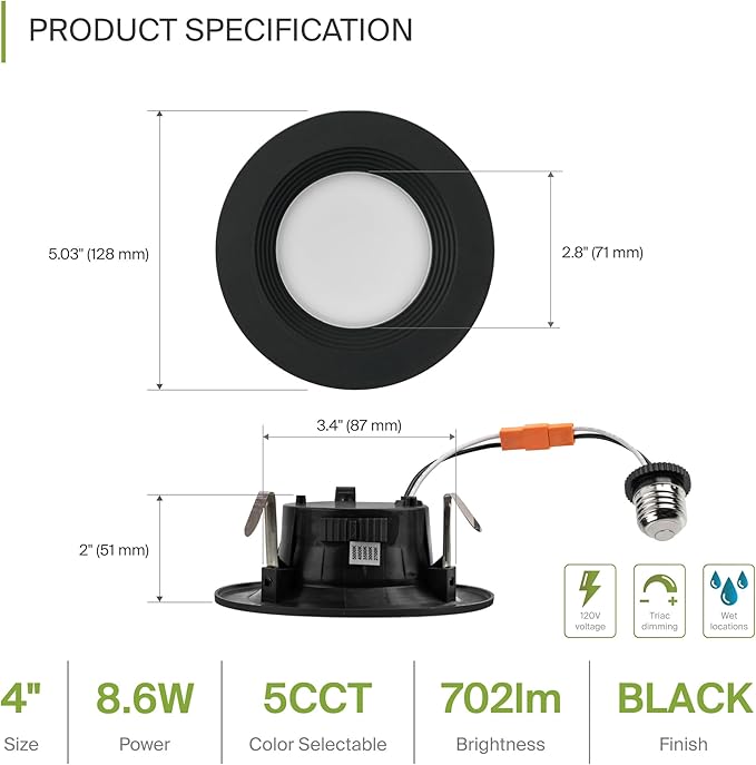 ASD Black 4 Inch Retrofit LED Recessed Light - 9W 2700K-5000K 700LM Retrofit LED Recessed Lighting 4 Inch, Dimmable Black Recessed Lights, Wet Rated Baffle Trim Can Lights, UL