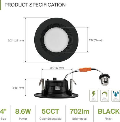 ASD Black 4 Inch Retrofit LED Recessed Light - 9W 2700K-5000K 700LM Retrofit LED Recessed Lighting 4 Inch, Dimmable Black Recessed Lights, Wet Rated Baffle Trim Can Lights, UL