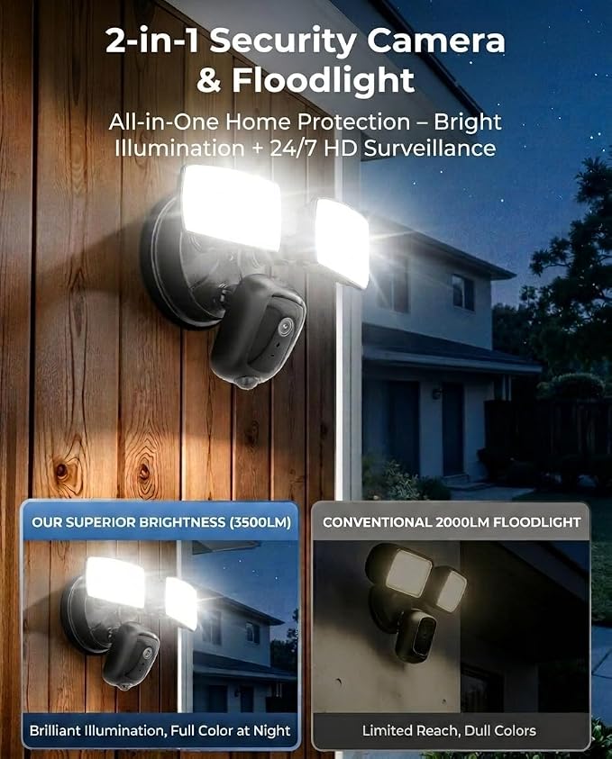 Onforu 2K Hardwired Floodlight Camera, 3500LM Motion Activated Outdoor Security Camera, 5G/2.4G WiFi Color Night Vision | 2-Way Audio | Siren | 24/7 Recording | IP65 Weatherproof | Works with Alexa
