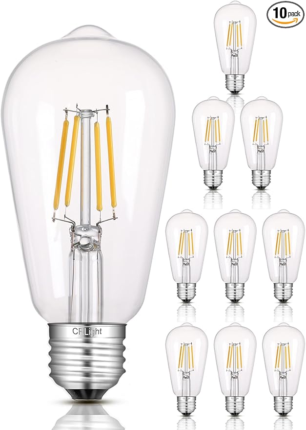 Dimmable Edison Bulbs, 6W 65W 650LM 3000K Soft White, ST58 = ST19 Vintage LED Light Bulb, 90+ CRI, E26 Medium Base, Clear Glass Style for Living Room, Bedroom, Home Decor, 10 Pack