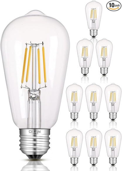 Dimmable Edison Bulbs, 6W 65W 650LM 3000K Soft White, ST58 = ST19 Vintage LED Light Bulb, 90+ CRI, E26 Medium Base, Clear Glass Style for Living Room, Bedroom, Home Decor, 10 Pack