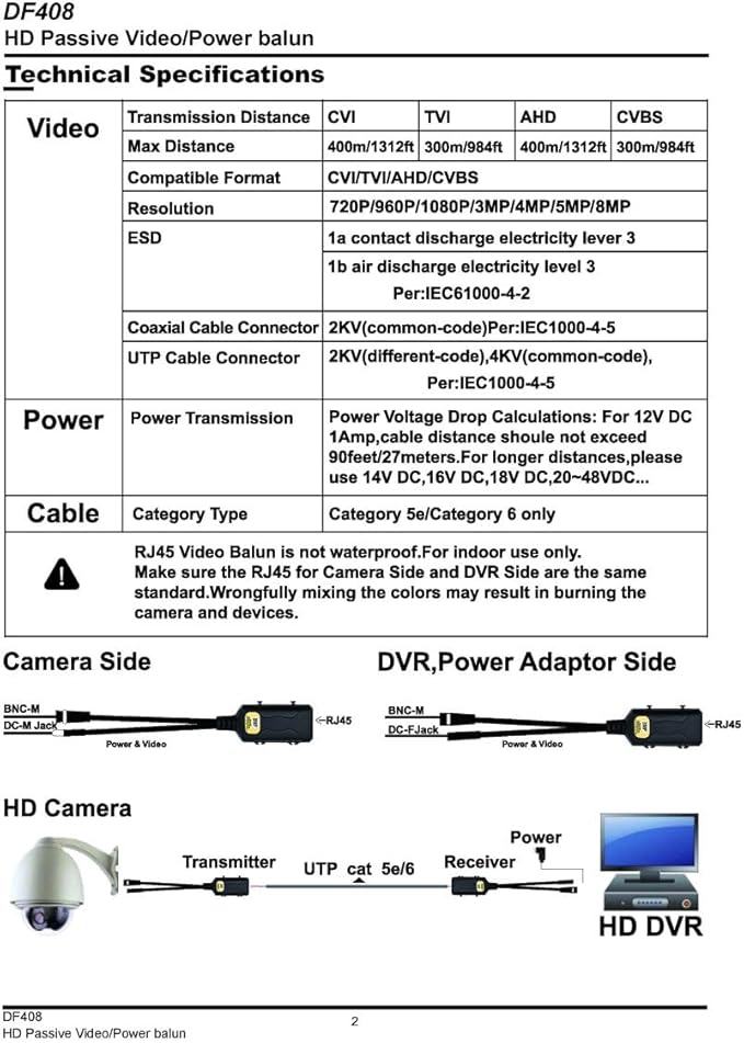 5 Pairs 8MP/4K Passive HD BNC Video Power Balun Transceiver Transmitter Via UTP RJ45 Cable AHD/TVI/CVI/CVBS Cable Connectors for 720P/960P/1080P/3MP/5MP/8MP CCTV Security Cameras
