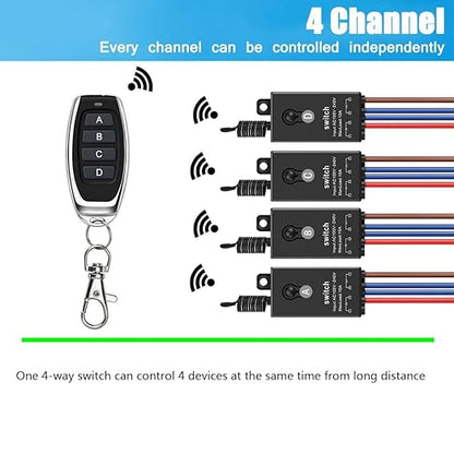 4 Way Mini Remote Control Switch,AC 110V/120V/220V/240V/10A Relay ON/Off Switch with 328FT Long Range,Wireless Light Switch and Receiver Kit for Motor,Lamps,LED Lights,Fans(4 Receivers)