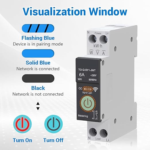 WiFi Circuit Breaker, 1P+N 6A 230V Smart Home Wireless Remote Control Switch Timer Voice Control Energy Monitor Compatible with Smart Life TUYA APP DIN Rail Mounted