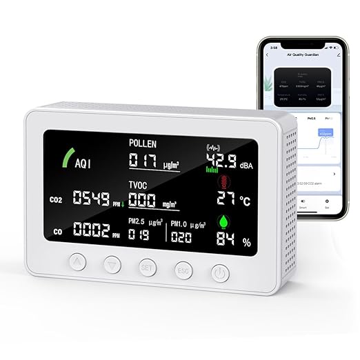 10 in 1 Air Quality Monitor Indoor,with WiFi and APP,7" Display,Detector for CO2，Pollen,Noise,Decibel Meter,TVOC,PM1.0,PM2.5,AQI,Temp and Humid,Air Quality Meters for Home,Office (White)
