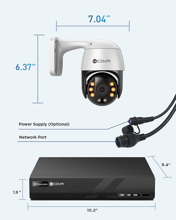 4COVR PoE PTZ Security Camera System, 8X 5MP PoE IP Camera, 8CH 4K NVR & 2TB HDD, 350ｰ Pan 90ｰ Tilt 3X Digital Zoom, Smart Color Night Vision, Two Way Audio, AI Human Vehicle Detection, LYM2XP5M0808