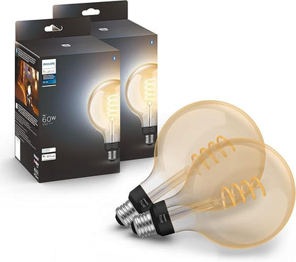 Philips Hue Smart 60W G40 Filament LED Bulb - White Ambiance Warm-to-Cool White Light - 2 Pack - 550LM - E26 - Indoor - Control with Hue App - Works with Alexa, Google Assistant and Apple Homekit