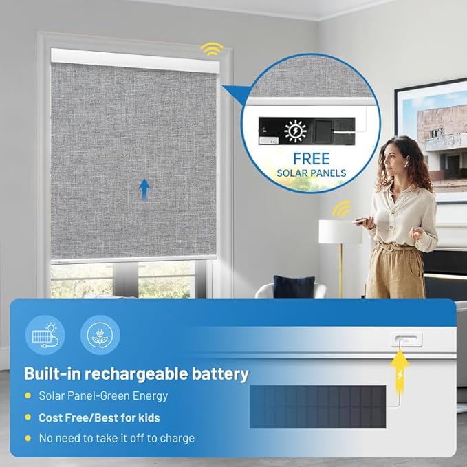 Motorized Blinds with Remote, [Free Solar Panels] Cordless Smart Blinds with Valance Cover, Blackout Electric Blinds with Remote Control, Automatic Roller Shades for Windows Light Gray 42" W x 72" H