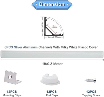 VST 6Pack 1 ft LED Aluminum Channel with Milky White Cover V Shape 16x16mm, Led Strip Light Track with End Caps and Mounting Clips Accessories for Living Room, Kitchen