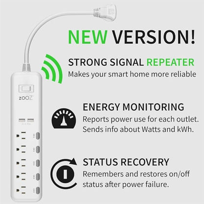 Zooz Z-Wave Long Range Power Strip ZEN20 800LR with Energy Monitoring and 2 USB Ports | Works with Z-Box, Hubitat, Home Assistant, Compatible with SmartThings