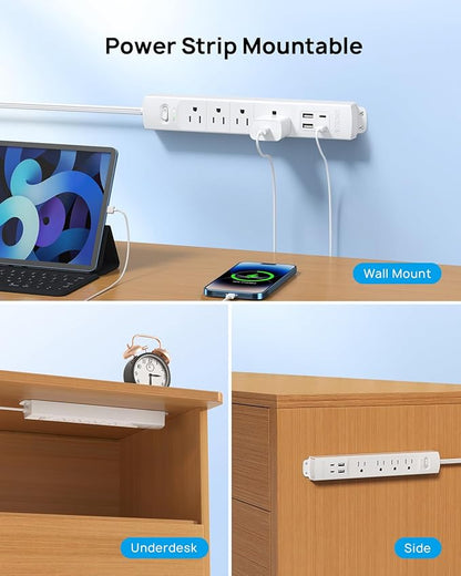 TROND Flat Plug Power Strip USB-10ft Flat Extension Cord Surge Protector Wall Mount, 2 USB C & 2 USB A Ports with Multiple Outlets, 1440J, 1625W for Office Supplies Dorm Room Essentials, White
