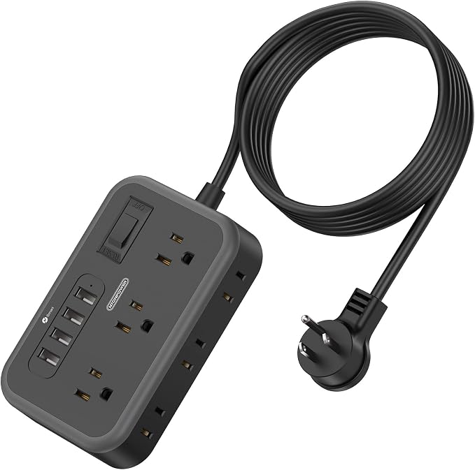 Flat Plug Extension Cord 10 Ft, NTONPOWER 6 Widely Spaced Outlet(2 Side) Power Strip with 4 USB Ports, Overload Protection, Wall Mount Charging Station for Home Office, Nightstand and dorm room, Black