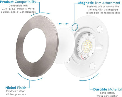 LUXRITE 3-4 Inch LED Flush Mount & Recessed Light, 7.5W, 5CCT 2700K-5000K, 650LM, Magnetic Trim, Dimmable Ceiling Can Light, Install to J-Box or 4 Inch Housing, Wet Rated, UL Listed, Brushed Nickel