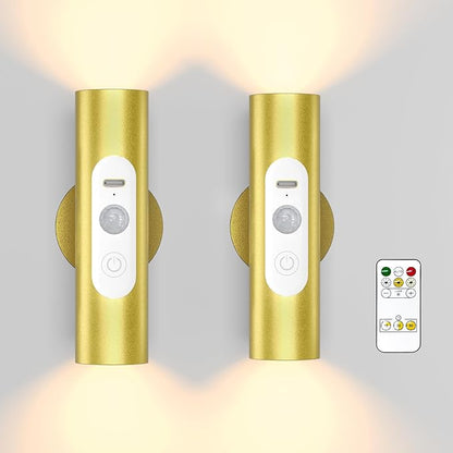 WOBSION Motion Sensor Wall Light with Remote Control, Rechargeable Wireless Wall Sconce, Brightness Adjustable, 3 Color Mode,Indoor Lamp for Hallway, Bedroom,Picture,LED,Gold,2 Pack
