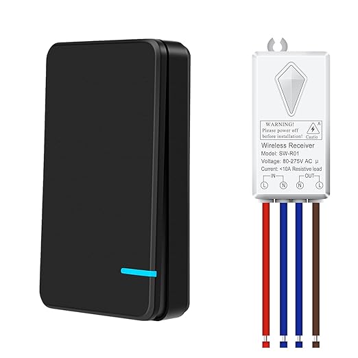 NineLeaf Wireless Switch and Receiver Kit, Black Wireless Light Mini Switch,No Wiring, No WiFi, Remote Control Lighting Fixture for Led Light, Ceiling Lights, Lamps,1000W LED (1Remote + 1Receiver)