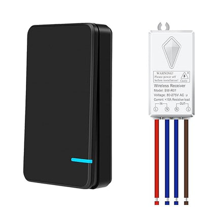 NineLeaf Wireless Switch and Receiver Kit, Black Wireless Light Mini Switch,No Wiring, No WiFi, Remote Control Lighting Fixture for Led Light, Ceiling Lights, Lamps,1000W LED (1Remote + 1Receiver)