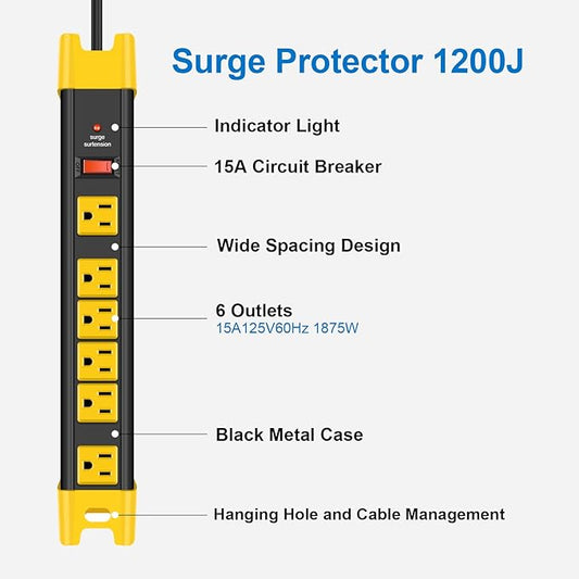 CCCEI Heavy Duty Power Strip Surge Protector - 6 Outlet Industrial Strip with 15A, 1200 Joules - ETL Listed Metal for Shop, Workshop, Garden (10FT, Black)