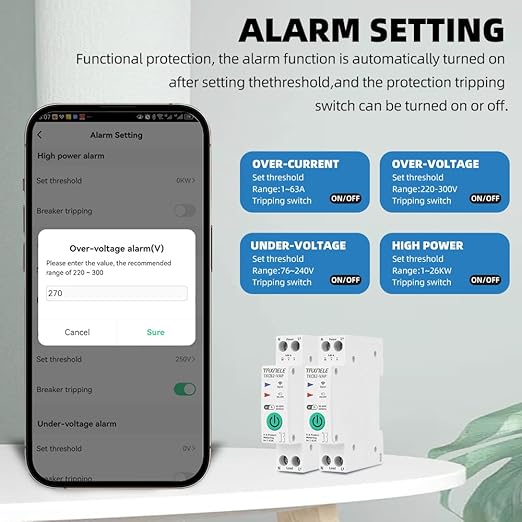 TUYA WiFi Smart Circuit Breaker Power Metering Energy Meter KWh 1P 230V 63A Voltmeter Ammeter Energy Meter DIN Rail Smart Life Wireless Remote Control Switch Timer Voice Control (1-63A Adjustable)