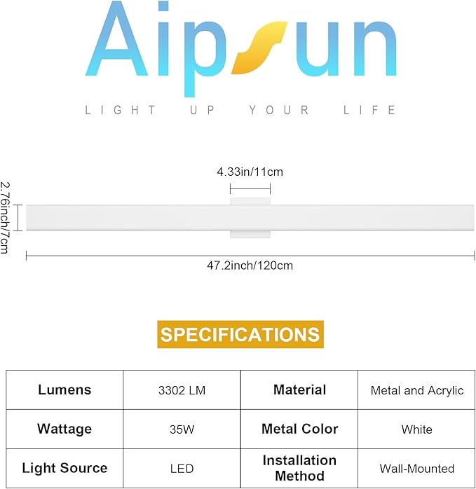 Aipsun 2 Packs Outdoor Wall Sconce, 3000K 4000K 6000K, 47.2in Modern White Exterior Light, Long LED Linear Wall Light Outside Lighting for Entrance, Hallway, Garage, Porch(3CCT)