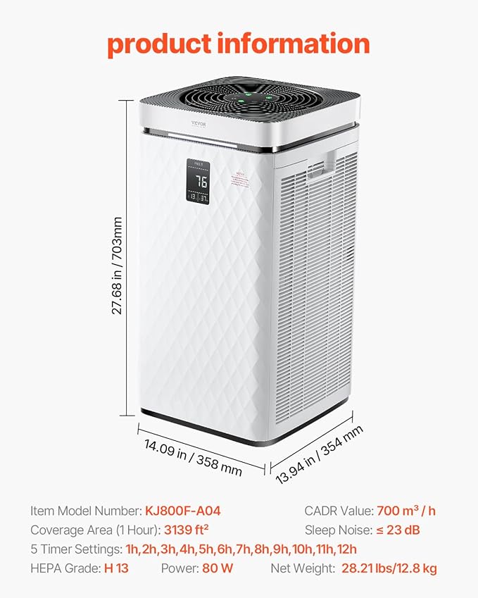 VEVOR Air Purifier for Bedroom Home, H13 HEPA Layer Filter 3139 ft²/h Smart Air Purifier with Speed Control & Child Lock Guard, 23 dB Sleep Mode Air Cleaner for Smoke Dust with Convenient Touch Panel