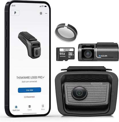 THINKWARE U3000 PRO 2CH 4K HDR Dual Dash Cam Front and Rear - 4K+2K STARVIS 2, Super Night Vision 4.0, Radar Parking Mode, Thermal Protection, 5GHz Wi-Fi and GPS - 64GB MicroSD & OBD Cable Incl