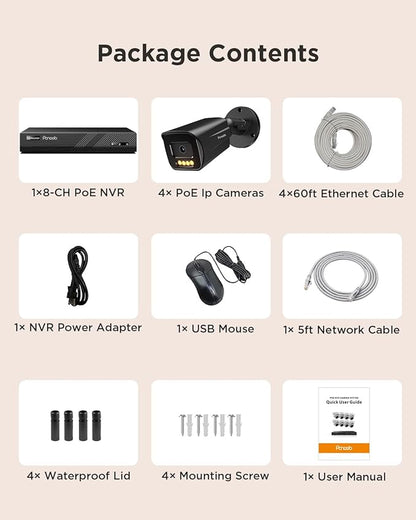 4 Camera Security System 8 Channel, 4X 5-Megapixel Wired IP Bullet PoE Camera Outdoor, AI Human Vehicle Detection, 2 Way Audio, Smart Color Night Vision, 4K 8CH NVR with 2TB HDD, PB65B0408-5MD