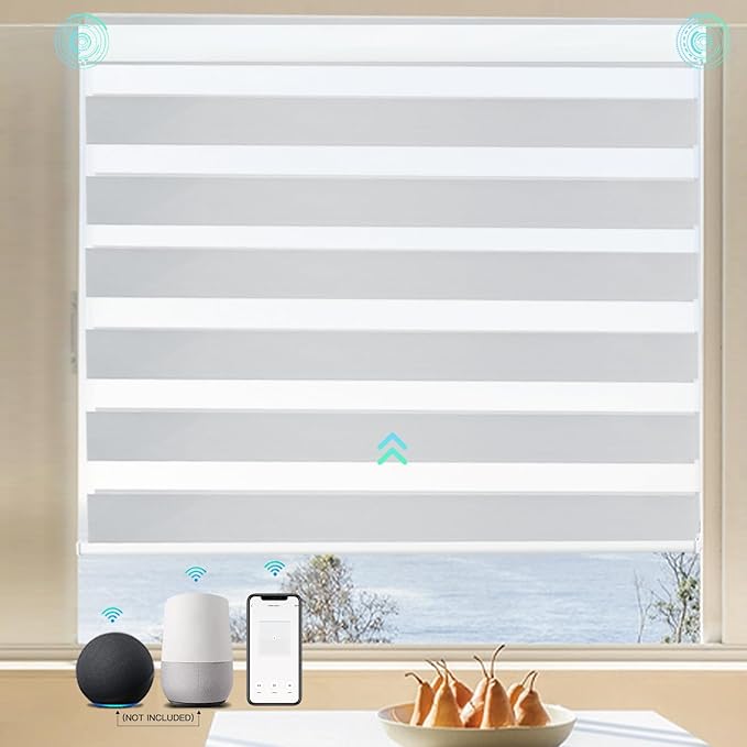 MING CHEN Motorized Blinds with Remote, Built-in Rechargeable Smart Blinds, Custom Size Electric Zebra Shades Compatible with Alexa Google for Home Office (95% Shading Luxurious Silver)