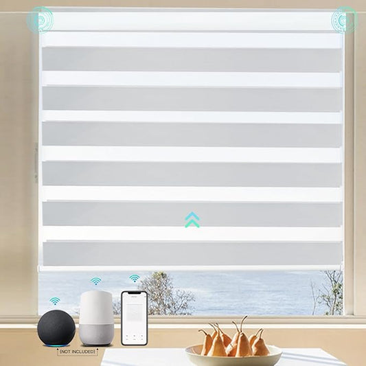 MING CHEN Motorized Blinds with Remote, Built-in Rechargeable Smart Blinds, Custom Size Electric Zebra Shades Compatible with Alexa Google for Home Office (95% Shading Luxurious Silver)