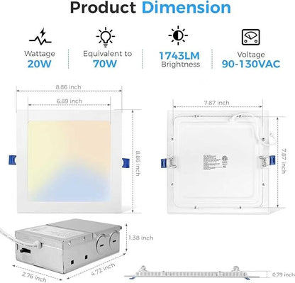 HONZIN 2 Pack 8 Inch Square LED Recessed Lighting, Ultra-Thin Canless Ceiling Light, 5CCT Selectable 2700K/3000K/3500K/4000K/5000K, 20W Dimmable, IC Rated with Junction Box, White Trim