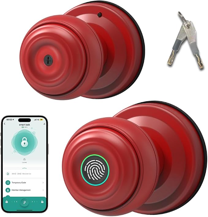 Smart Fingerprint Door Lock Knob, Tuya App Keyless Entry, Red