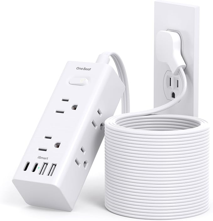 25Ft Extension Cord with Multiple Outlets, Flat Plug Power Strip Surge Protector with 20 Ft Long Cord, 6 Outlet 4 USB Ports (2 USB C), Multi Outlet Wall Plug for College, Dorm Room Essentials(White)