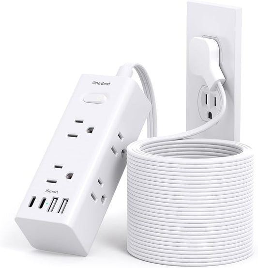 25Ft Extension Cord with Multiple Outlets, Flat Plug Power Strip Surge Protector with 20 Ft Long Cord, 6 Outlet 4 USB Ports (2 USB C), Multi Outlet Wall Plug for College, Dorm Room Essentials(White)