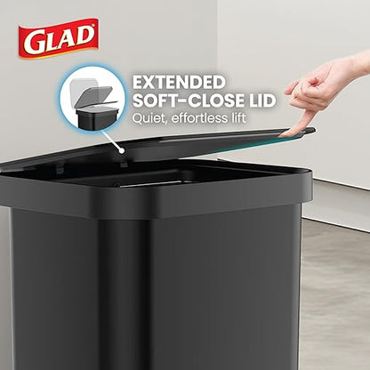 Glad Stainless Steel Step Trash Can, Series 2 with Clorox Protection - Large Black Kitchen Garbage Bin with Soft Close Lid, Foot Pedal and Waste Bag Roll Holder, 13 Gallon
