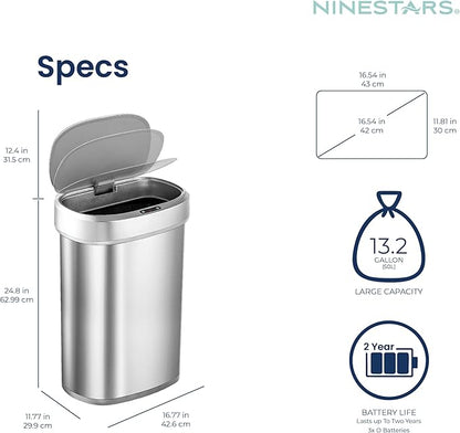 Ninestars DZT-50-49 Automatic Touchless Motion Sensor Oval Trash Can with Black Top, 13 gallon/50 L, Stainless Steel