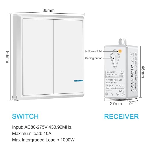 NineLeaf Smart Light Switch Receiver Kit, Wireless Light Switch Kit, Light Switch Panel Remotely Control 130ft Indoor 1900ft Outdoor, No Wiring Required without Tearing Wall 1x2-gang Switch 2 Receiver