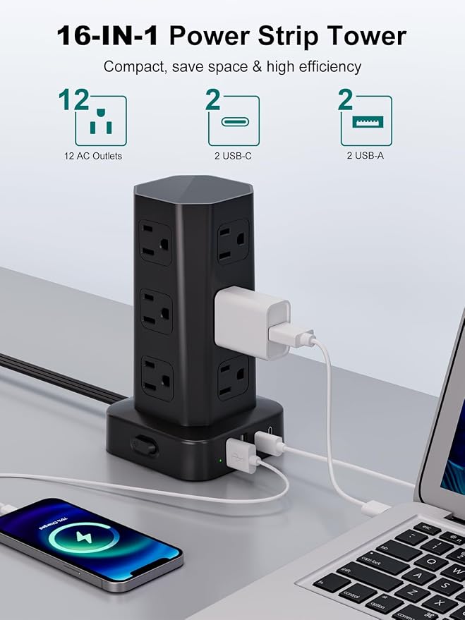 Power Strip Tower Surge Protector, 6FT Flat Plug Extension Cord with Multiple Outlets, 12 AC Outlets 4 USB (2 USB C), Desktop Charging Station with Surge Protection for Home Office Dorm Room, Black