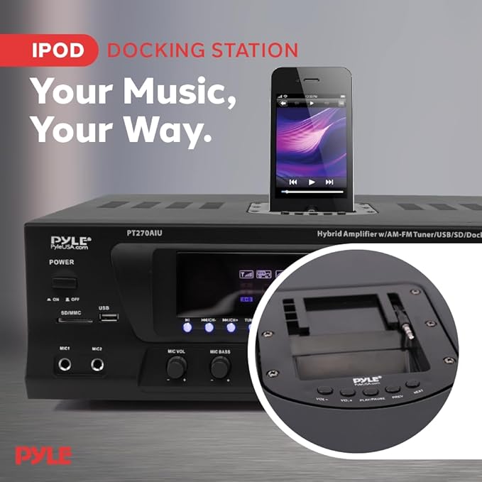 Pyle 300W Digital Stereo Receiver System - AM/FM Qtz. Synthesized Tuner, USB/SD Card MP3 Player & Subwoofer Control, A/B Speaker, iPod/MP3 Input w/Karaoke, Cable & Remote Sensor - PT270AIU.6