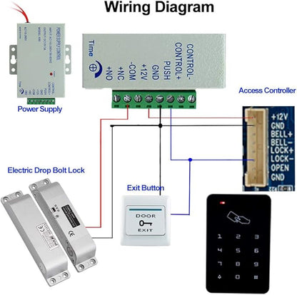 LIBO Full Set Kit of RFID Access Control Keypad 125KHz with DC12V Electric Lock Electronic Bolt Lock, 3A Power Supply, Exit Button, 10pcs ID Key Cards