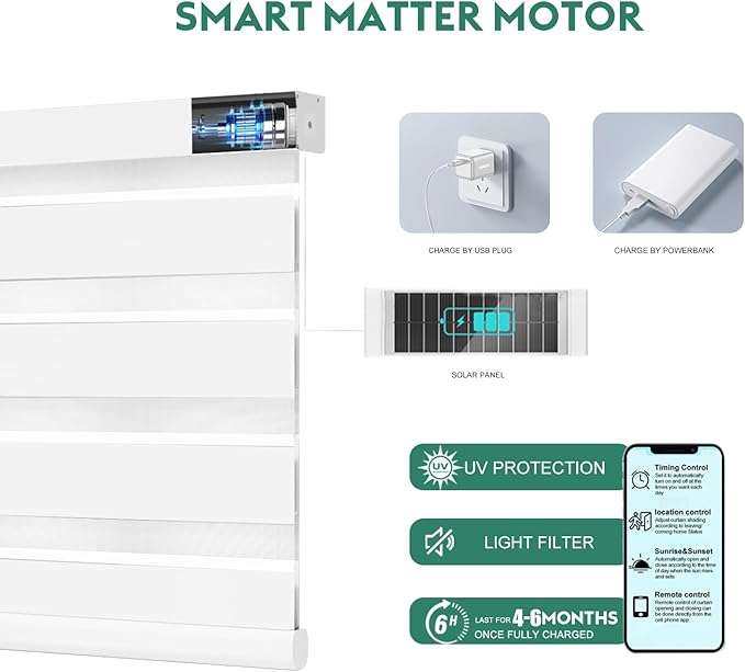 Motorized Zebra Blinds with Remote, Work with HomeKit Alexa Automatic Electric Window Shades 60% Blackout Light Filtering for Smart Home and Office, Customized Size White
