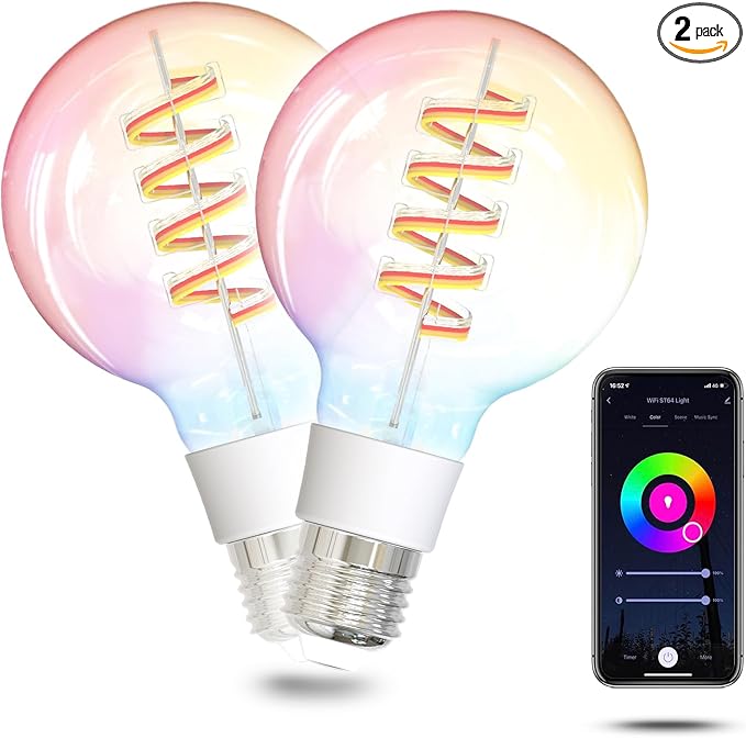 MOES Smart G80 Edison LED Light Bulbs, Color Changing WiFi G25 Smart Bulbs, 2700K-6500K CW& RGB Dimmable, Smart Life Remote Control, Work with Alexa/Google Home, 470lm 5W (40W Equivalent) 2 Pack