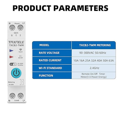 TUYA WiFi Smart Circuit Breaker Power Metering Energy Meter KWh 1P 230V 63A Voltmeter Ammeter Energy Meter DIN Rail Smart Life Wireless Remote Control Switch Timer Voice Control (16A)