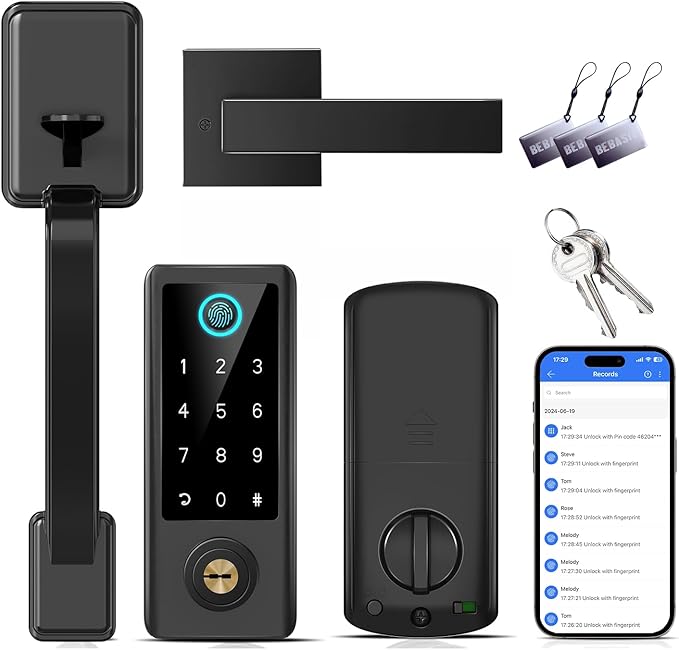 BEBASIA Fingerprint Door Lock for Front Door with Handle Set, App Control, Smart Keyless Entry Digital Electronic Keypad Touchscreen Deadbolt, Easy Install, Auto Lock, Black