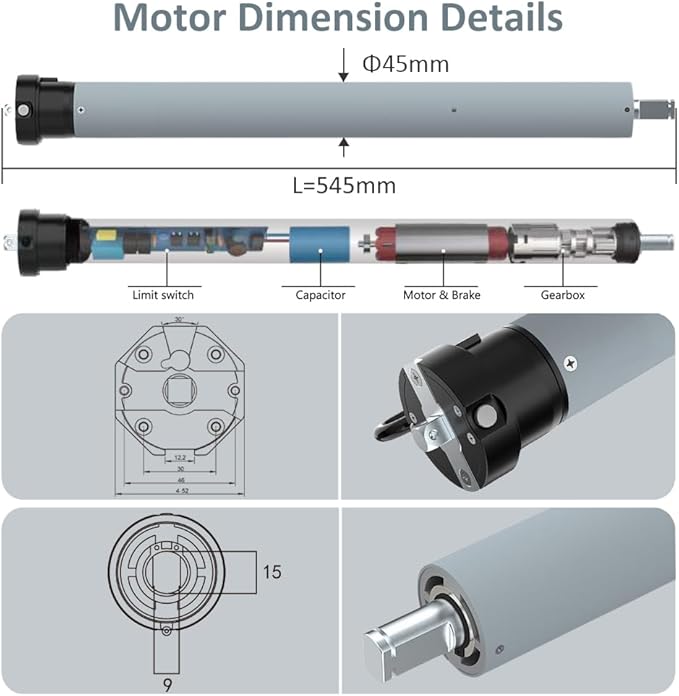 DC12V 45mm RS485 Smart Motorized Roller Shade Tubular Motor Kit, Electronic Limit Automatic Blind Awning Opener Compatible with Home Automation (20 N.m for Φ55mm （2-1/8") Octagonal Tube