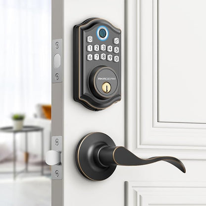 AkaGear DS10 Keyless Entry Door Lock with 2 Lever Handle, Fingerprint, Keypad Code, 2 Keys, Smart Locks for Front Door, Bedroom, One-time Code, Auto-Lock, Easy Installation - Oil Rubbed Bronze