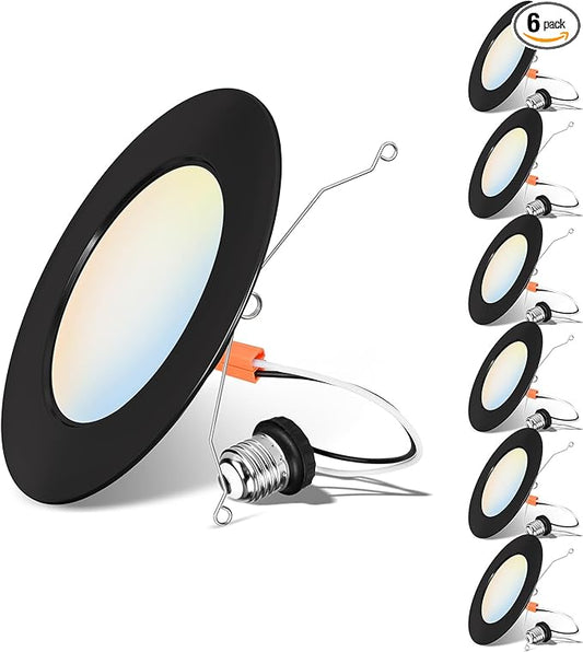 LVWIT Black LED Recessed Light 6 Inch, Can Lights Color Selectable 2700/3000/4000/5000/6000K 5CCT, 9W=120W,1000LM, Dimmable Downlight with E26 Conversion Kit, 6 Pack,IC Rated
