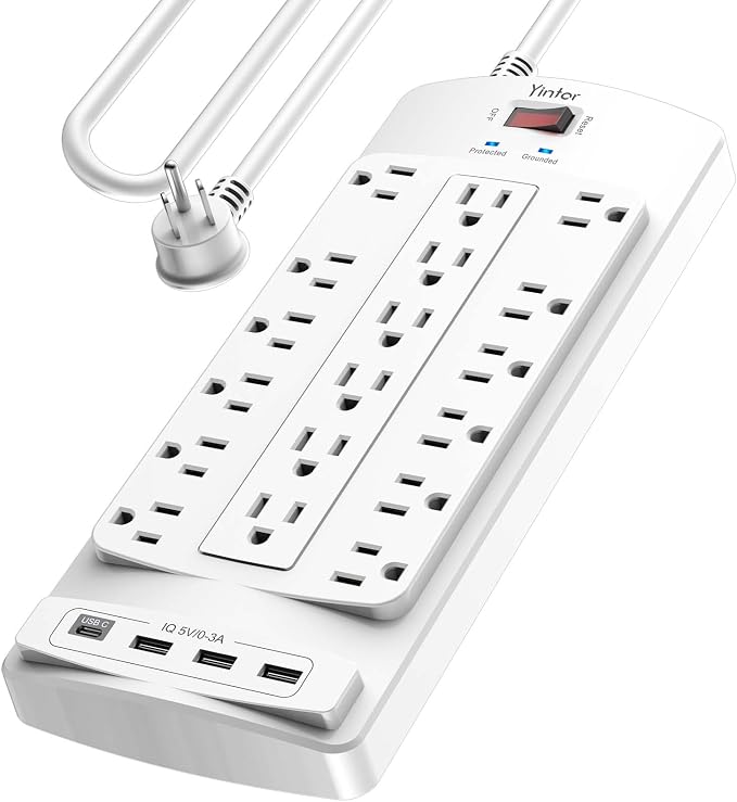 Yintar 10Ft Surge Protector Power Strip with 18 Outlets and 4 USB Ports | 10 Feet Flat Plug Heavy Duty Extension Cord with Multiple Outlets for Home, Office, Dorm Essentials, 2100 Joules, ETL, White