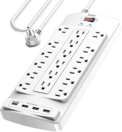 Yintar 10Ft Surge Protector Power Strip with 18 Outlets and 4 USB Ports | 10 Feet Flat Plug Heavy Duty Extension Cord with Multiple Outlets for Home, Office, Dorm Essentials, 2100 Joules, ETL, White
