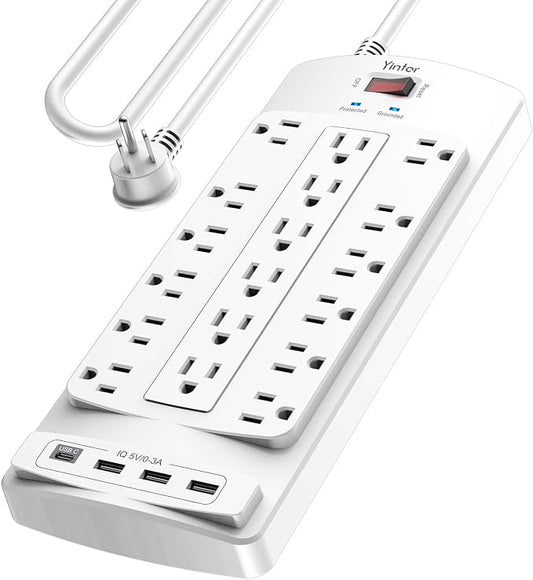 Yintar 10Ft Surge Protector Power Strip with 18 Outlets and 4 USB Ports | 10 Feet Flat Plug Heavy Duty Extension Cord with Multiple Outlets for Home, Office, Dorm Essentials, 2100 Joules, ETL, White