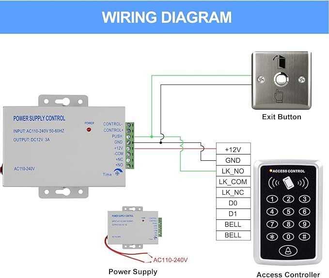 Door Entry System with Waterproof Access Control Keypad Power Supply DC 12V,Door Lock Release Switch,Electric Lock and 125KHZ RFID Key Fobs,180kg Magnetic Lock